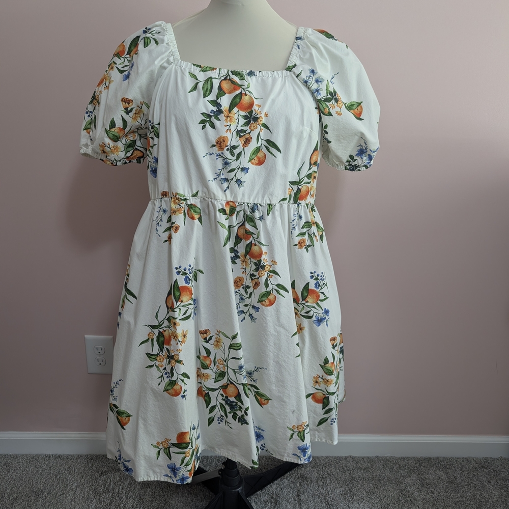 Time and Tru White Orange & Green Floral Puff-Sleeve Dress